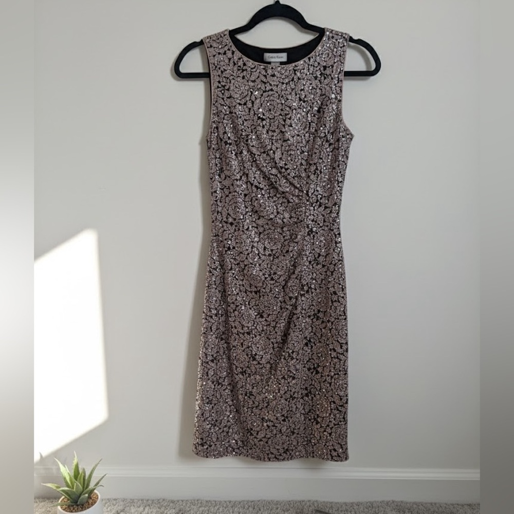 Calvin Klein Elegant Black Beige and Silver Floral Dress